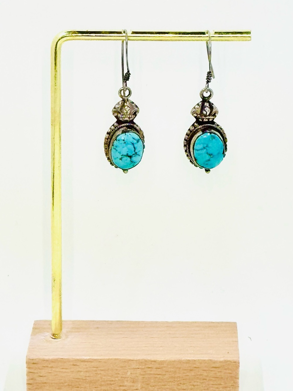 Vintage Artisan Native Sterling Silver & Turquoise Drop Dangle Earrings